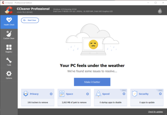 CCleaner Health Check interface for PC optimization and cleanup