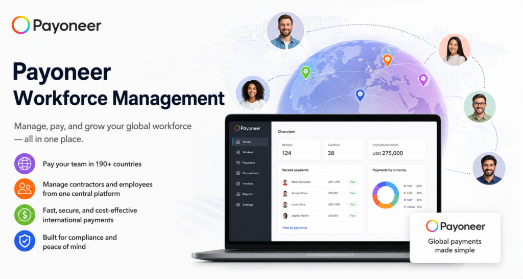 Payoneer Workforce Management: The Complete Solution for Managing Global Teams 1 Discover how Payoneer Workforce Management helps businesses hire, manage, and pay global teams efficiently. Simplify international workforce operations and payments.