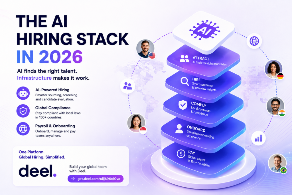 Deel vs. Rippling (2026): Pricing, EOR, Global Payroll & Contractor Management 2 Global hiring workflow connecting recruitment, compliance, and payroll