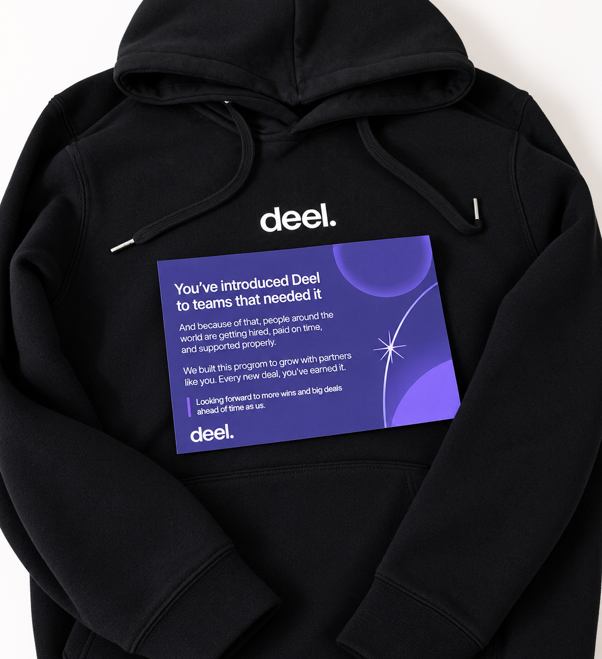 Deel: Streamlining Global Payroll & Contractor Payments 5 Purple Deel appreciation card placed on a black Deel hoodie.